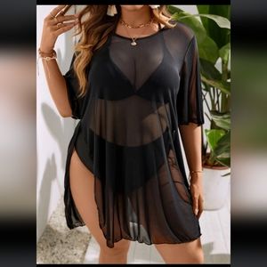 SHEIN Swim Plus Split Thigh Sheer Mesh Cover Up Dress (Without Bikini Set)